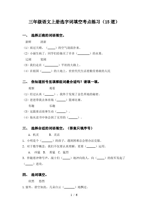 三年级语文上册选字词填空考点练习(15道)