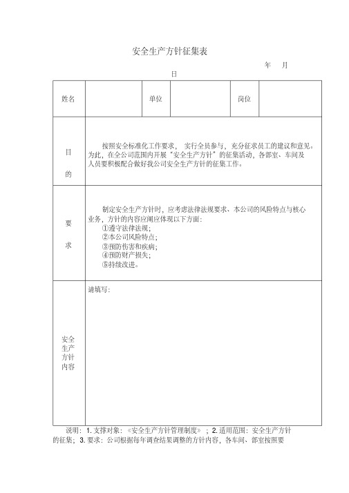 安全生产方针征集表(模板、格式)