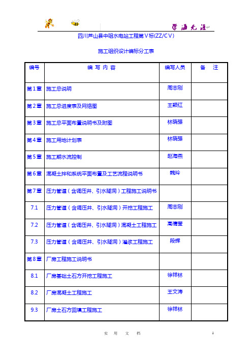 水电站 施工组织设计：施工组织设计分工表(9-19)