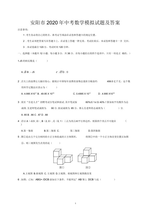 安阳市2020年中考数学模拟试题及答案