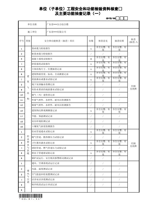 单位(子单位)工程安全和功能检验资料核查及主要功能抽查记录