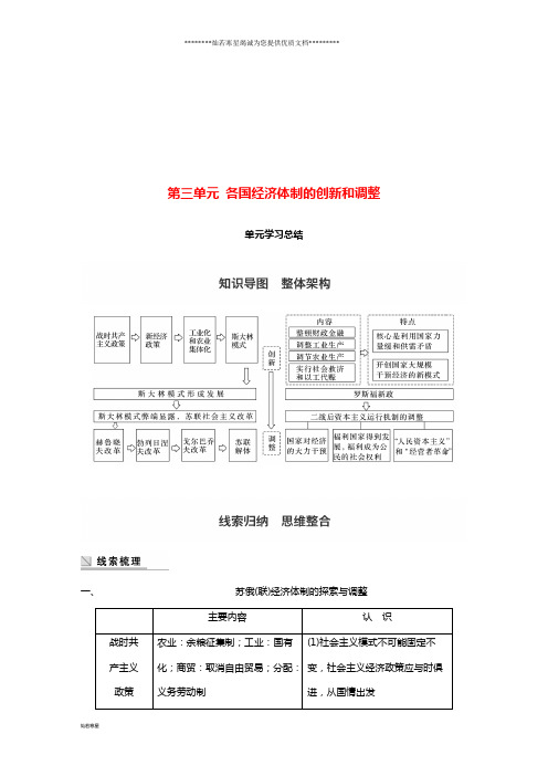 高中历史第三单元各国经济体制的创新和调整单元学习总结学案岳麓版必修2
