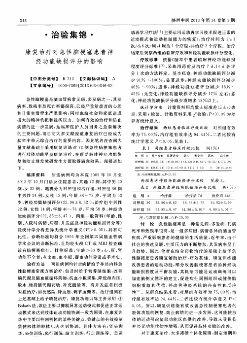 康复治疗对急性脑梗塞患者神经功能缺损评分的影响