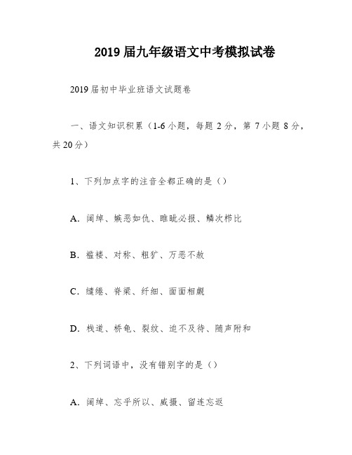 2019届九年级语文中考模拟试卷