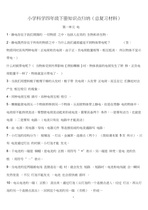 小学科学四年级下册知识点归纳(总复习材料)