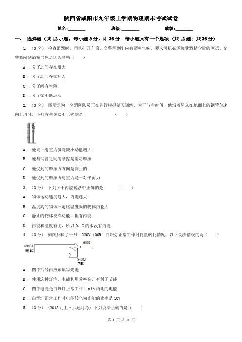 陕西省咸阳市九年级上学期物理期末考试试卷