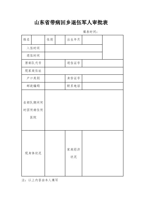 山东省带病回乡退伍军人审批表【模板】