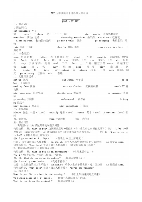 人教版PEP五年级英语下册各单元知识点