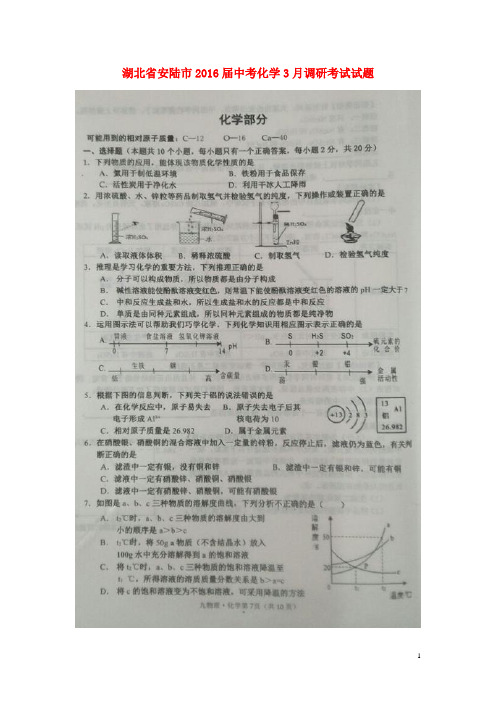 湖北省安陆市中考化学3月调研考试试题(扫描版)