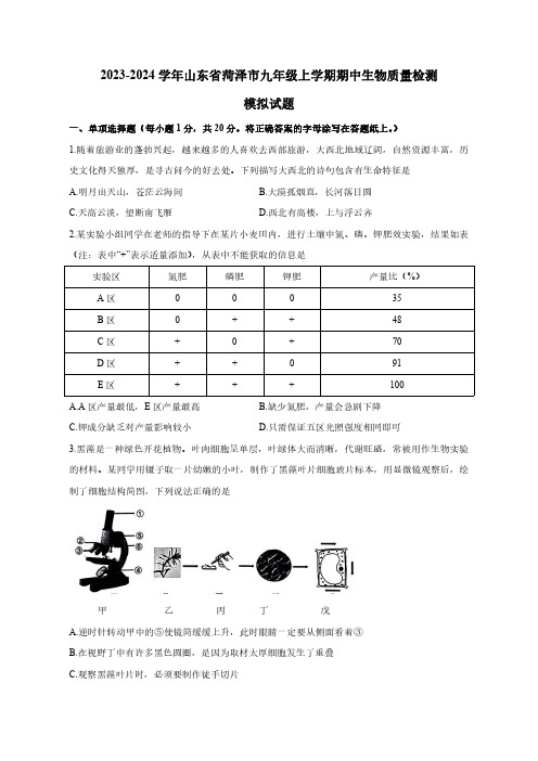 2023-2024学年山东省菏泽市九年级上册期中生物学情检测模拟试题(含答案)