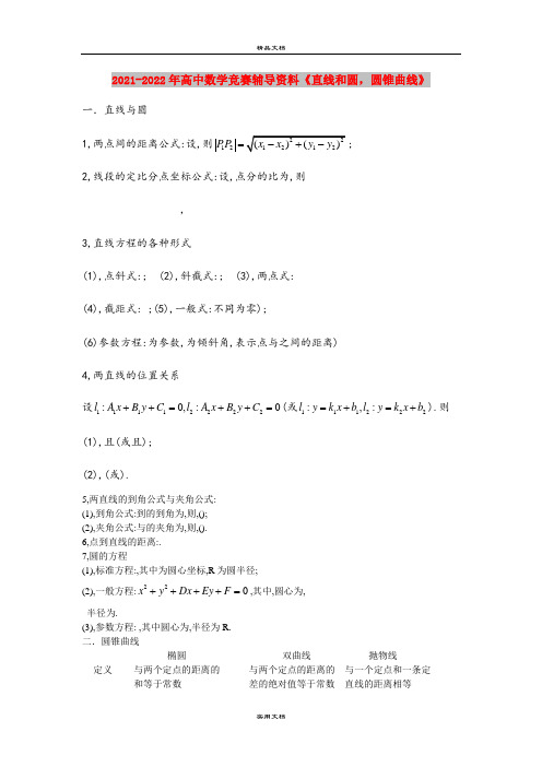 2021-2022年高中数学竞赛辅导资料《直线和圆,圆锥曲线》