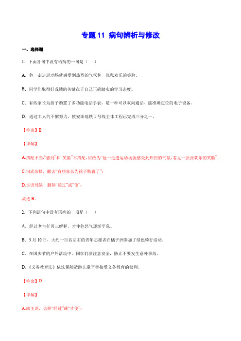 专题11 病句辨析与修改-中考语文基础考点专题复习
