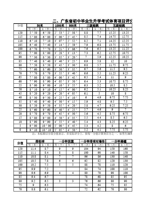 广东省初中毕业生升学考试体育项目评分标准.xls