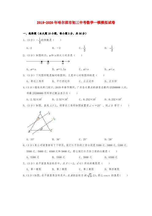 2019-2020年哈尔滨市初三中考数学一模模拟试卷