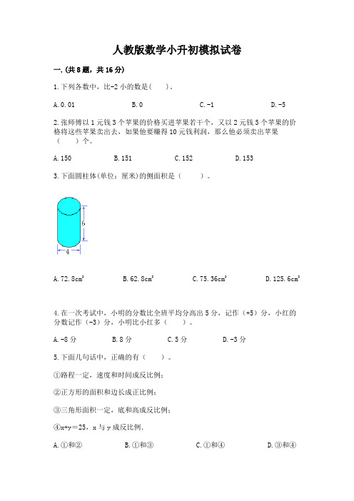 人教版数学小升初模拟试卷含答案(最新)