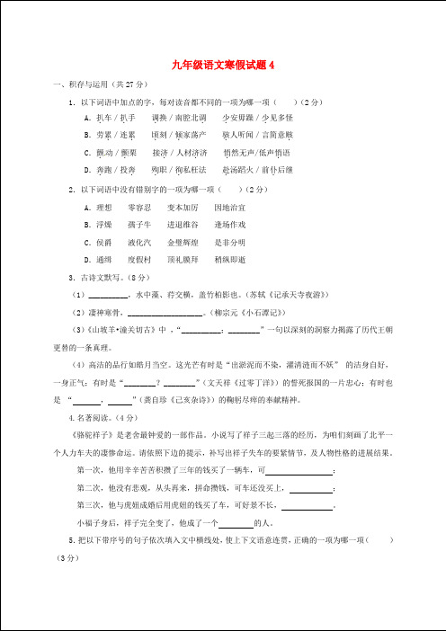 九年级语文寒假作业试题4