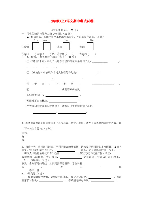 七年级语文上学期期中试卷16 人教新课标版