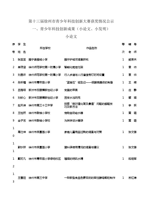 第十三届徐州市青少年科技创新大赛获奖情况公示