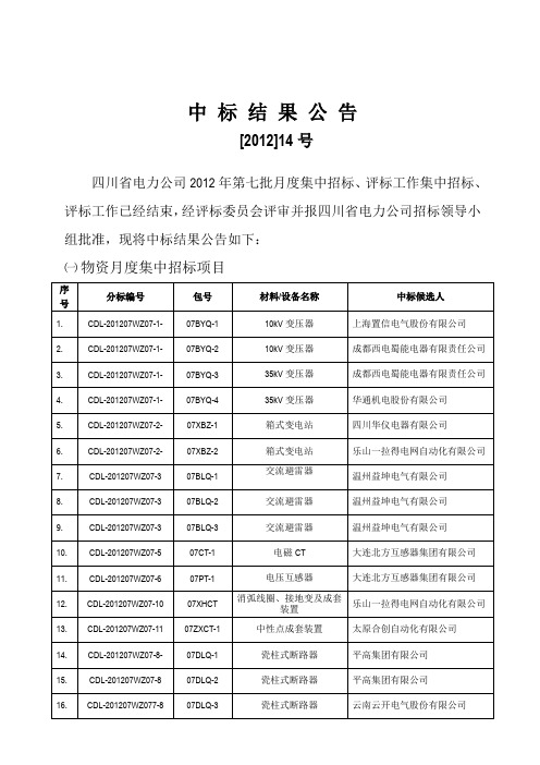 中 标 结 果 公 告