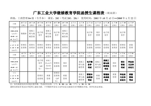 广东工业大学继续教育学院函授生课程表(周末班)