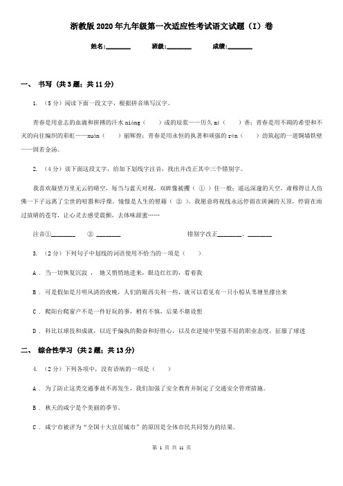 浙教版2020年九年级第一次适应性考试语文试题(I)卷