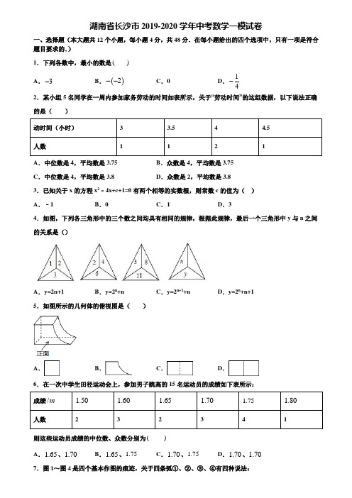 【附5套中考模拟试卷】湖南省长沙市2019-2020学年中考数学一模试卷含解析