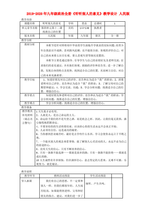 2019-2020年九年级政治全册《听听别人的意见》教学设计 人民版