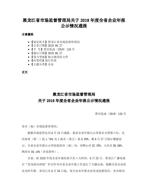 黑龙江省市场监督管理局关于2018年度全省企业年报公示情况通报