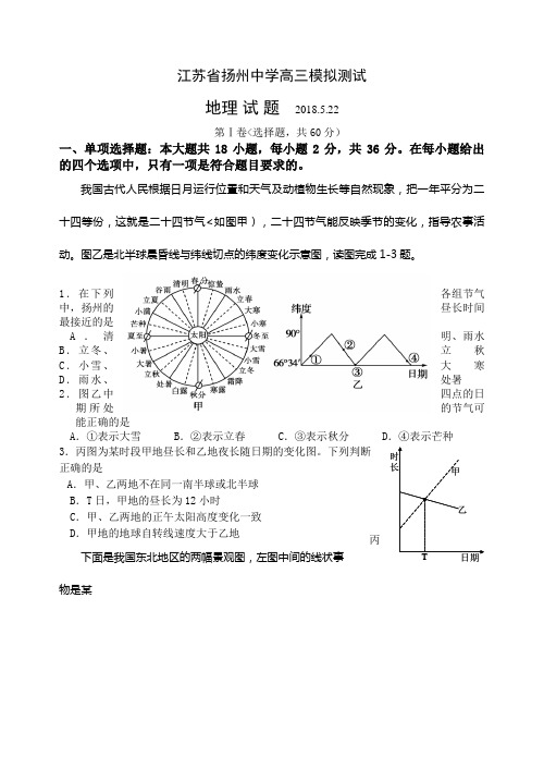 扬州中学2018届高三最后一次模拟历年考试地理