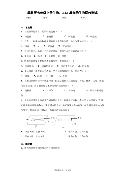 苏教版七年级上册生物：2.4.1单细胞生物同步测试 (2)