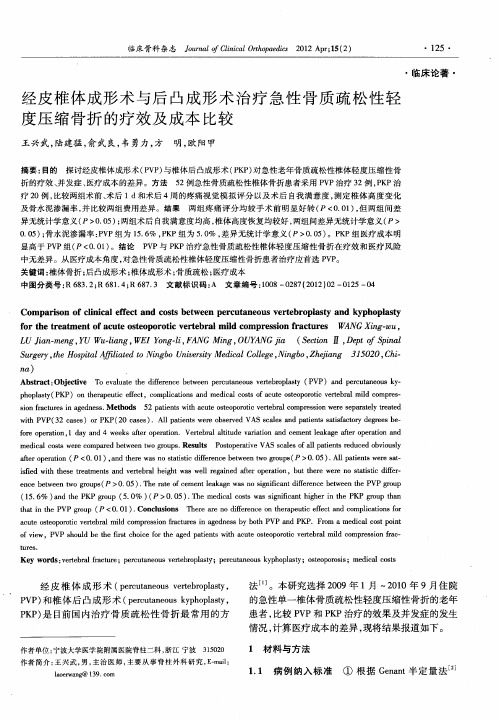 经皮椎体成形术与后凸成形术治疗急性骨质疏松性轻度压缩骨折的疗效及成本比较