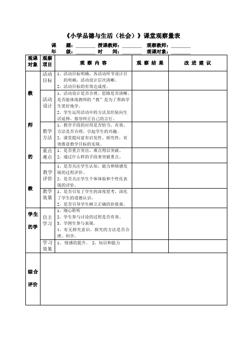 小学道德与法治《课堂教学观课》量表