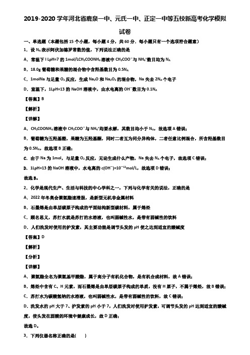 2019-2020学年河北省鹿泉一中、元氏一中、正定一中等五校新高考化学模拟试卷含解析