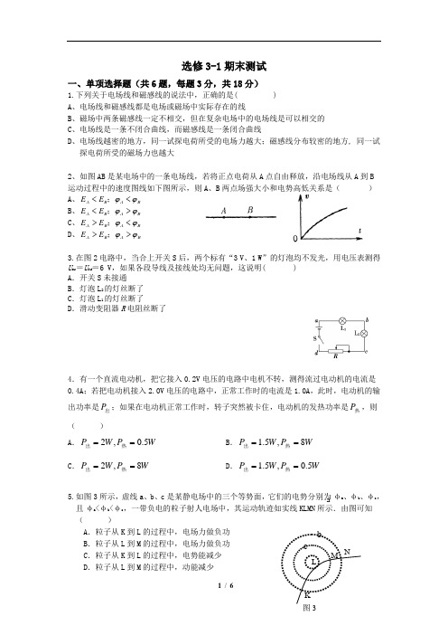 2015年物理选修3-1期末测试题