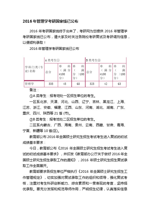 2016年管理学考研国家线已公布