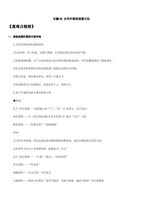 2020年高考历史热点单元突破专题三：古代中国的思想文化(带答案解析)