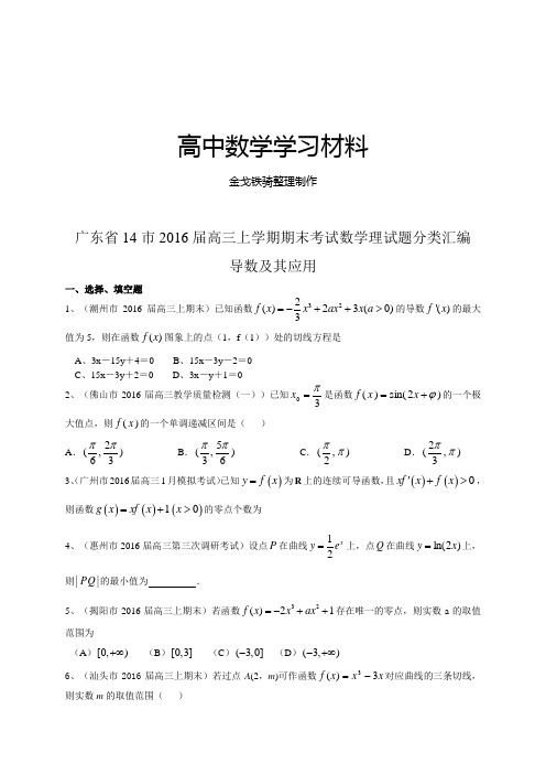 广东省高三上学期期末考试数学理试题分类汇编：导数及其应用