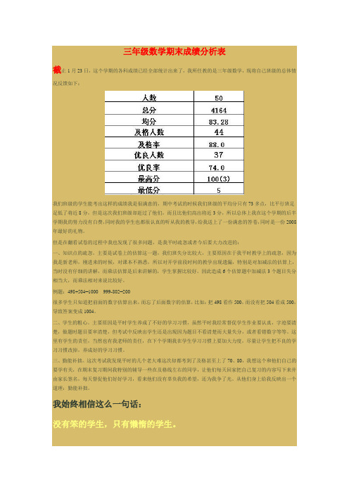 三年级数学成绩分析表