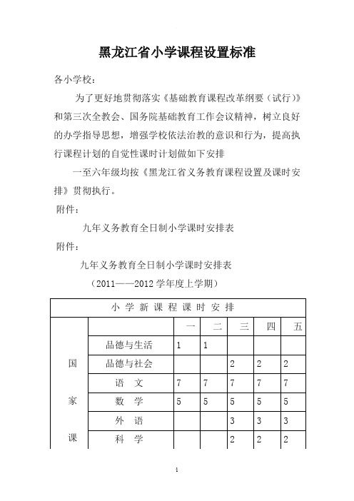 黑龙江省小学课程设置标准