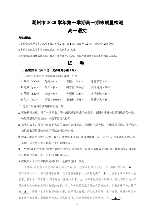 浙江省湖州市2020-2021学年高一上学期期末调研测试语文试题 Word版含答案