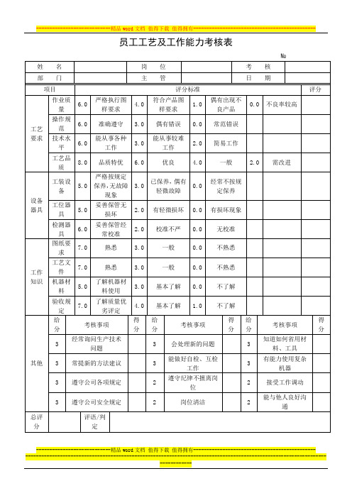 员工工艺及工作能力考核表