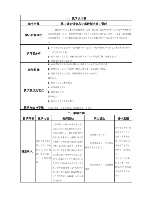 初中信息技术七年级上册第1课走进信息技术表格式教案附教学反思