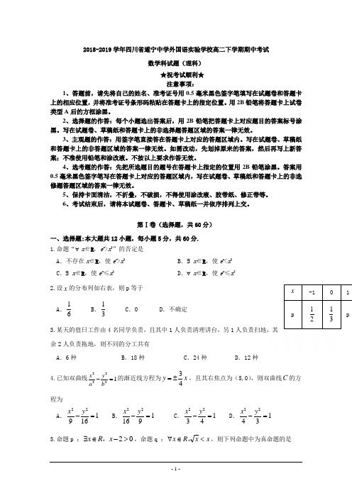2018-2019学年四川省遂宁中学外国语实验学校高二下学期期中考试数学(理)试卷