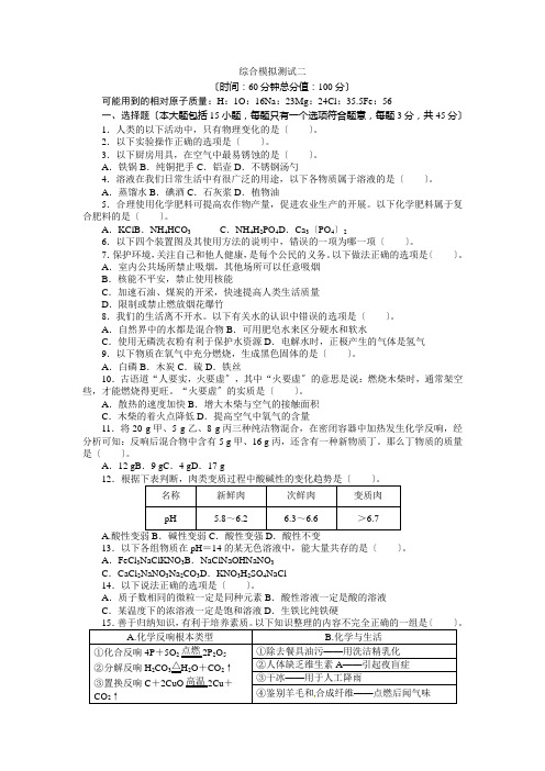 2022版中考化学总复习(人教版)综合模拟2(附答案)