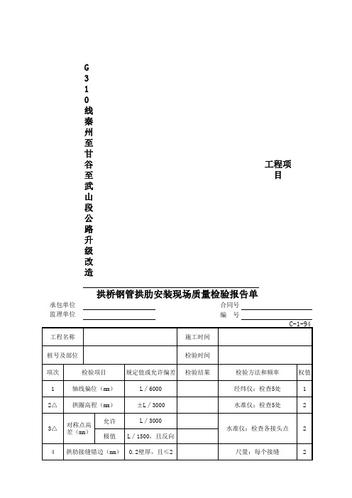 公路项目质量保证资料索引C-1表(检验报告单)C-1-94 拱桥钢管拱肋安装现场质量检验报告单