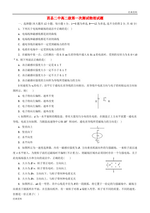 山东省莒县第二中学2018-2019学年高二物理上学期第一次月考试题(无答案)