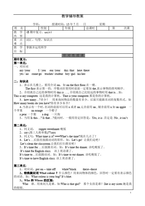 Pep四年级英语下册 期中复习、unit4知识点及练习