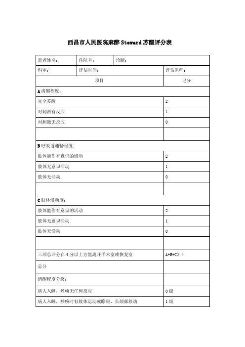 麻醉Steward苏醒评分表