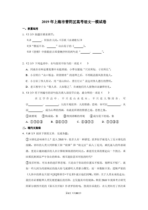 2019年上海市普陀区高考语文一模试卷