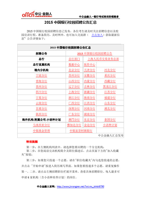 2015中国银行校园招聘公告汇总